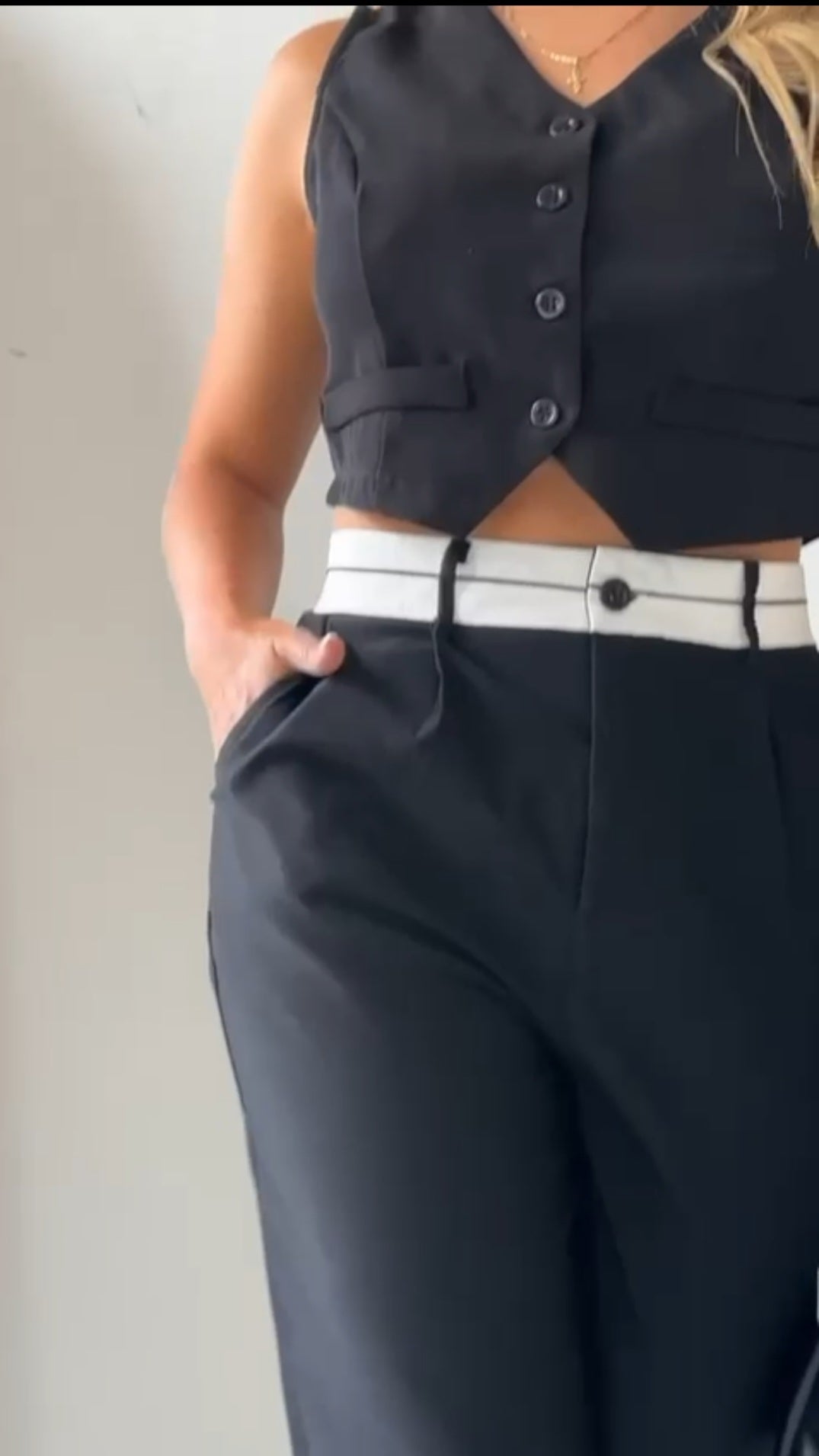 Black Bi-stretch Woven Fold Over Waist Straight Leg Pants