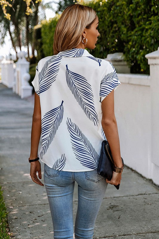 Lauren Leave Print Button Front Open Loose Fit Blouse