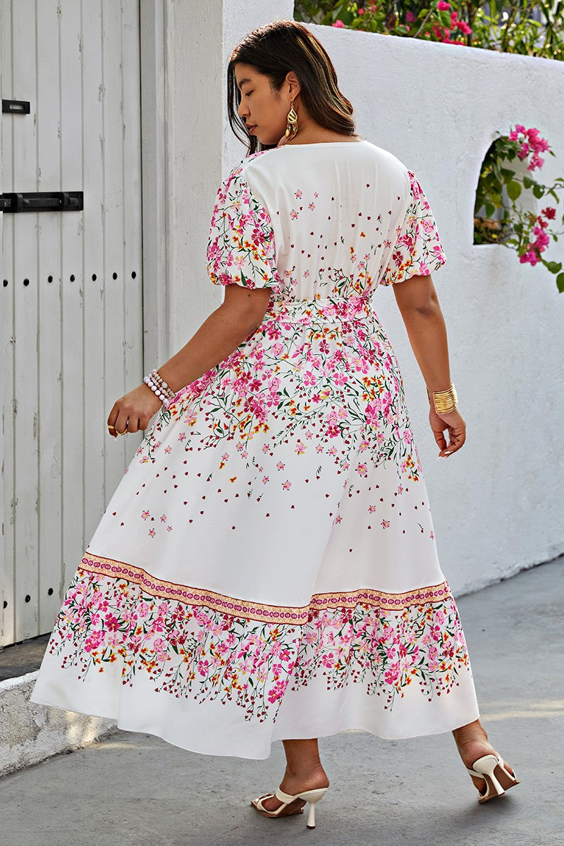 Martha Plus Floral Print Wrap Ruffle Belt Knot Dress