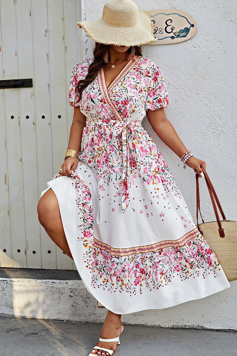 Martha Plus Floral Print Wrap Ruffle Belt Knot Dress