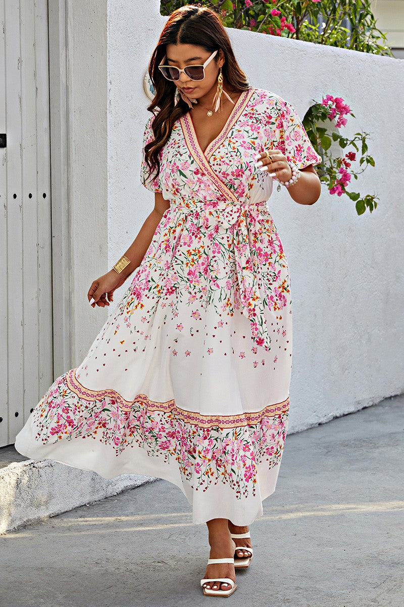 Martha Plus Floral Print Wrap Ruffle Belt Knot Dress