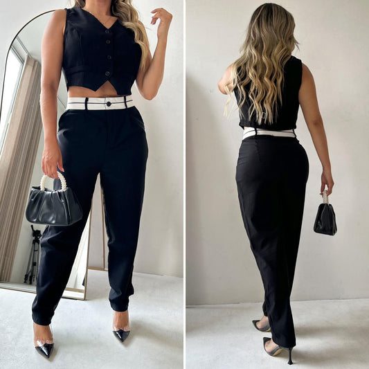 Black Bi-stretch Woven Fold Over Waist Straight Leg Pants