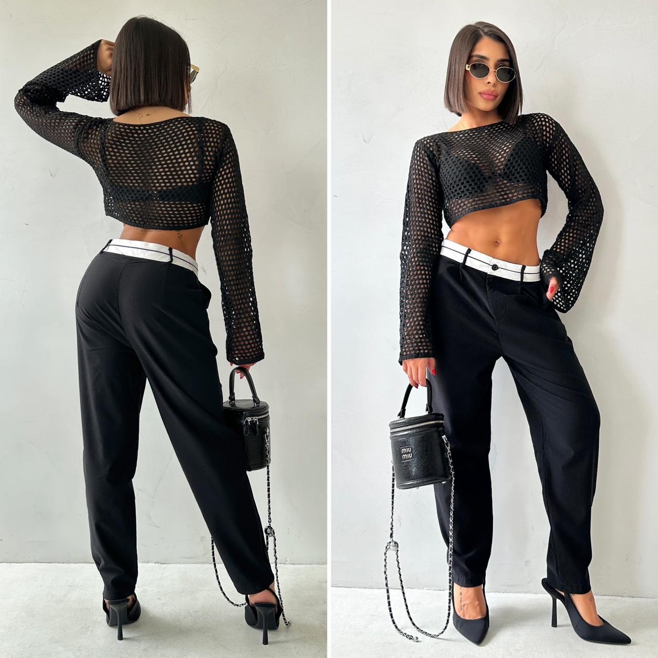 Black Bi-stretch Woven Fold Over Waist Straight Leg Pants