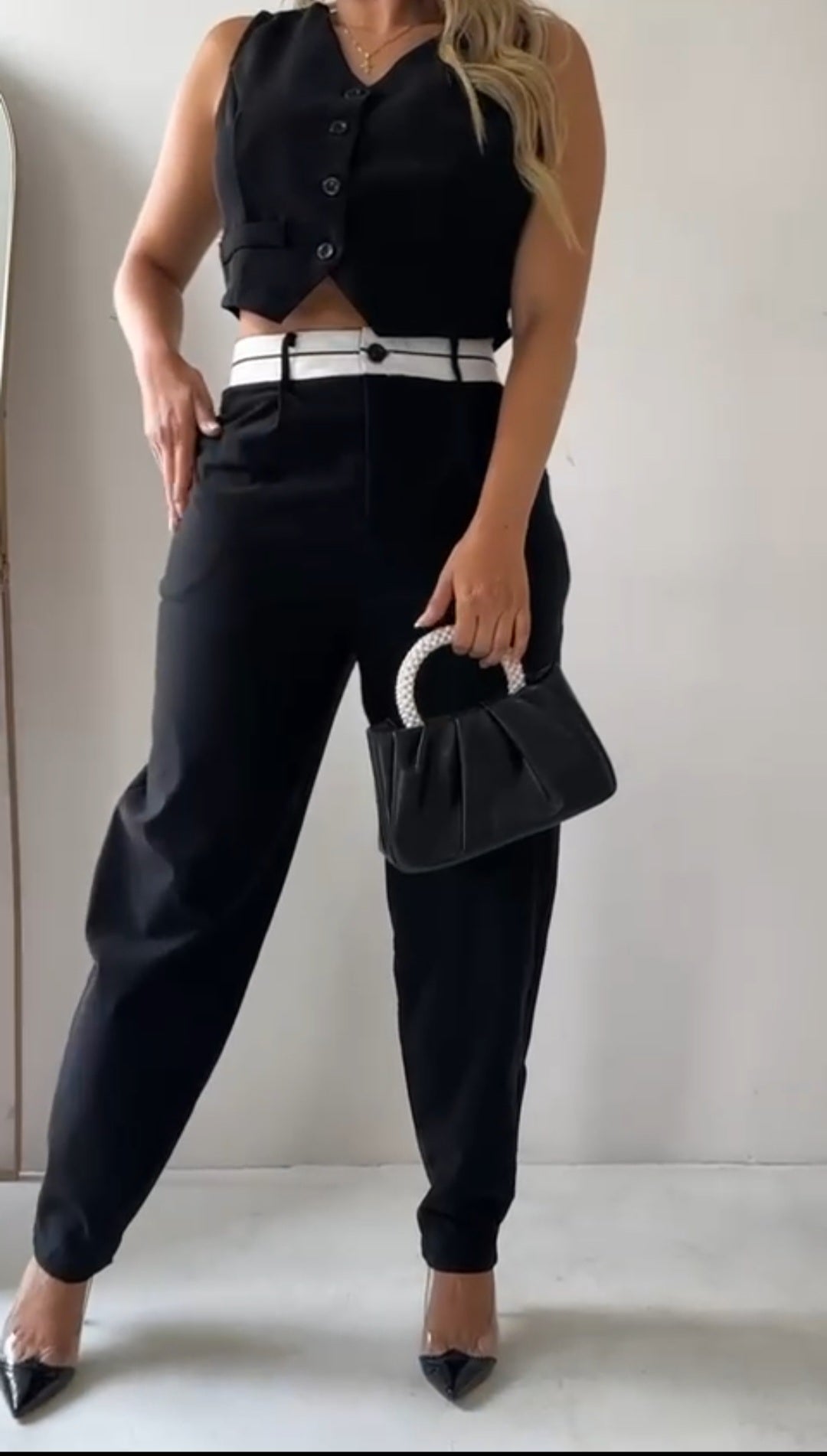 Black Bi-stretch Woven Fold Over Waist Straight Leg Pants