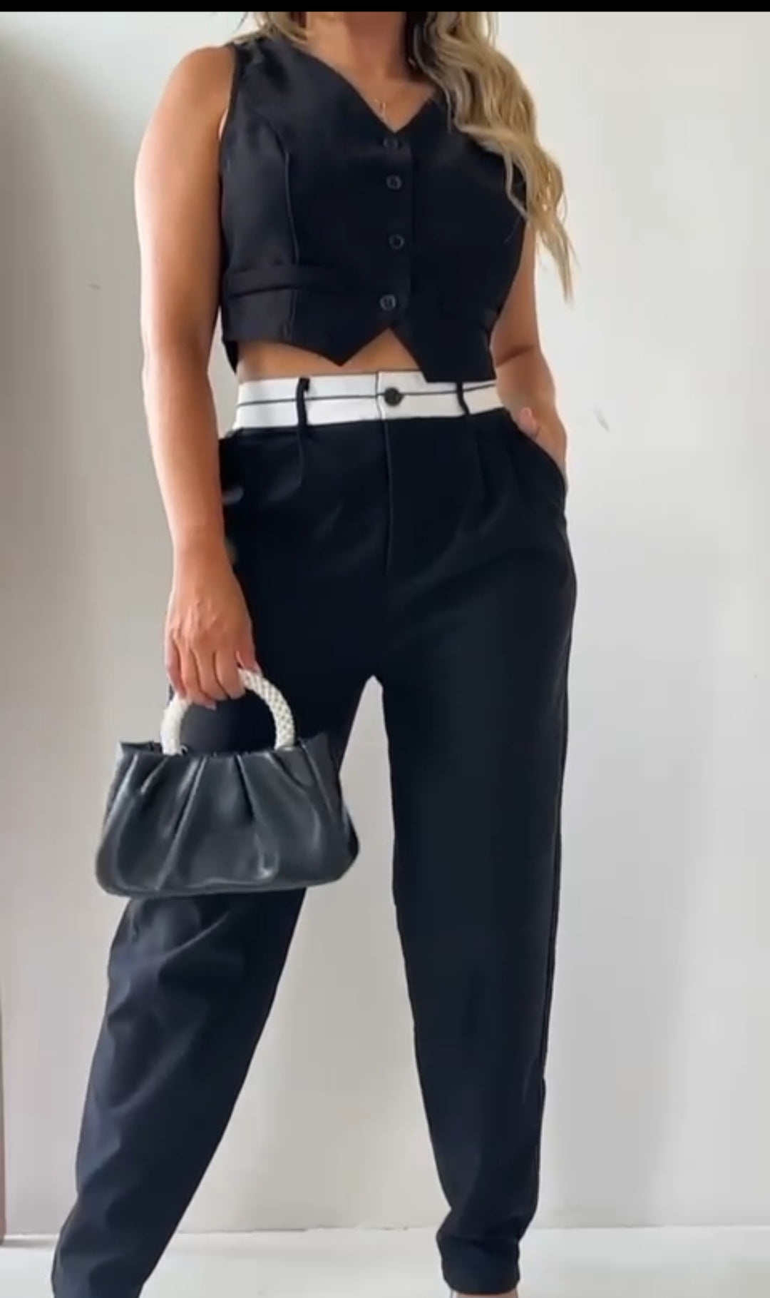 Black Bi-stretch Woven Fold Over Waist Straight Leg Pants