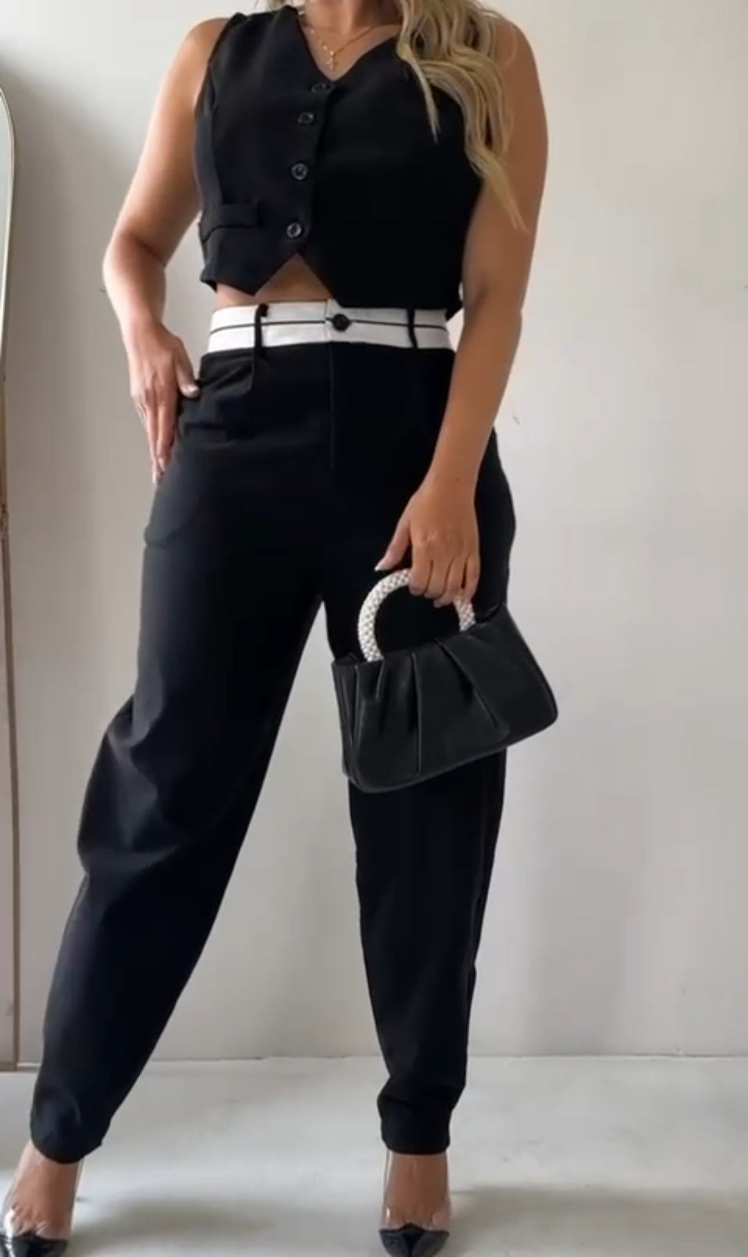 Black Bi-stretch Woven Fold Over Waist Straight Leg Pants