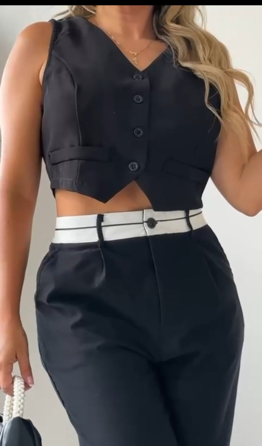 Black Bi-stretch Woven Fold Over Waist Straight Leg Pants