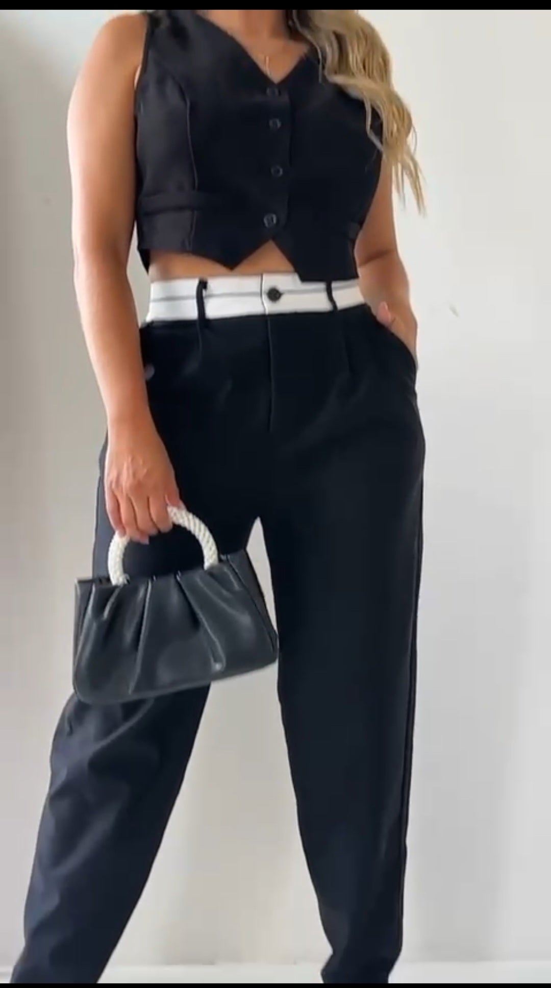 Black Bi-stretch Woven Fold Over Waist Straight Leg Pants