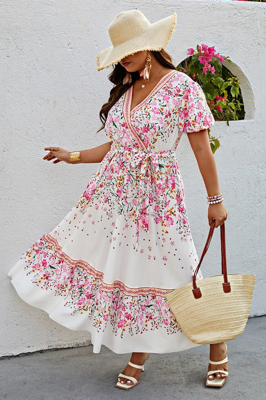 Martha Plus Floral Print Wrap Ruffle Belt Knot Dress