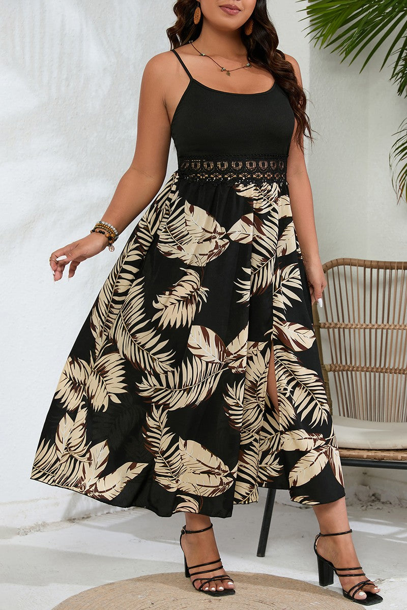 Paula Plus Suspenders Lace Trim Print Side Open Dress