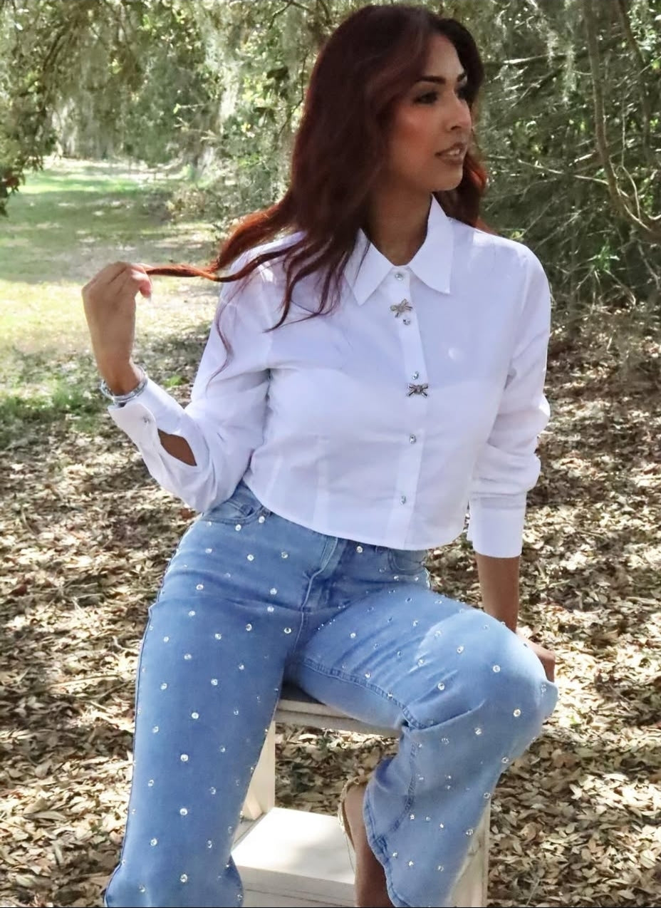 White Diamonds Button Cropped Blouse with Bow Charms