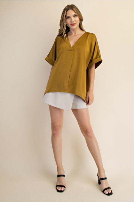 Satin V-Neck Tunic Top – Mustard Gold